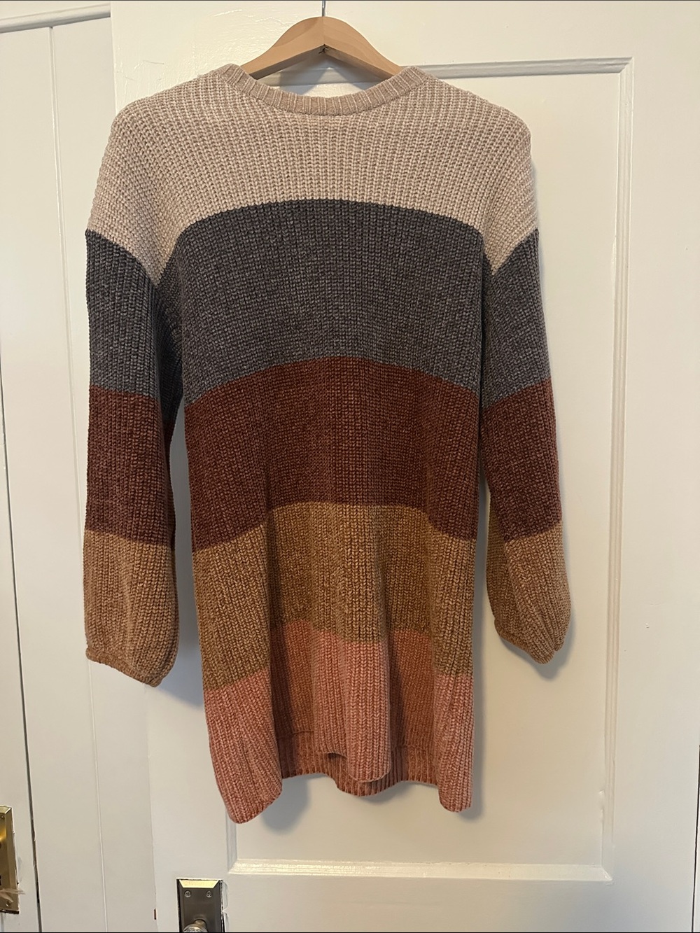 Lulu's Long Sleeve Striped Knit Dress in Beige, Gray, Rust & Pink
